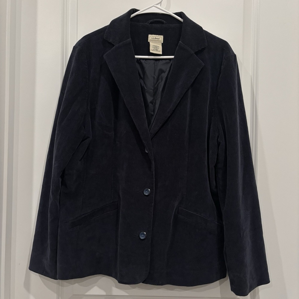 VTG LL BEAN Womens Navy Corduroy Long Sleeve Lined 3 Button Blazer SZ 16 PET